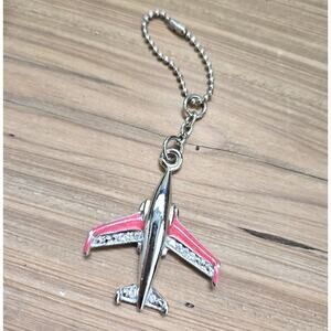 Airplane Plane Jet Keychain Charm- Silver with Pink Enamel & Jewels